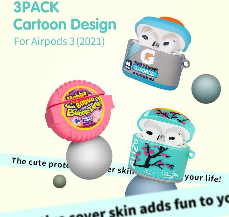 (3Pack) Food Airpod 3 Case for Airpods 3rd Gen, 3D Cartoon Airpods 3 Cover Funny Cute Silicone Protective Case for Airpods 3rd Generation for Girl Boys Kids (Sport Water+Green Drinks+Bubble Gum)