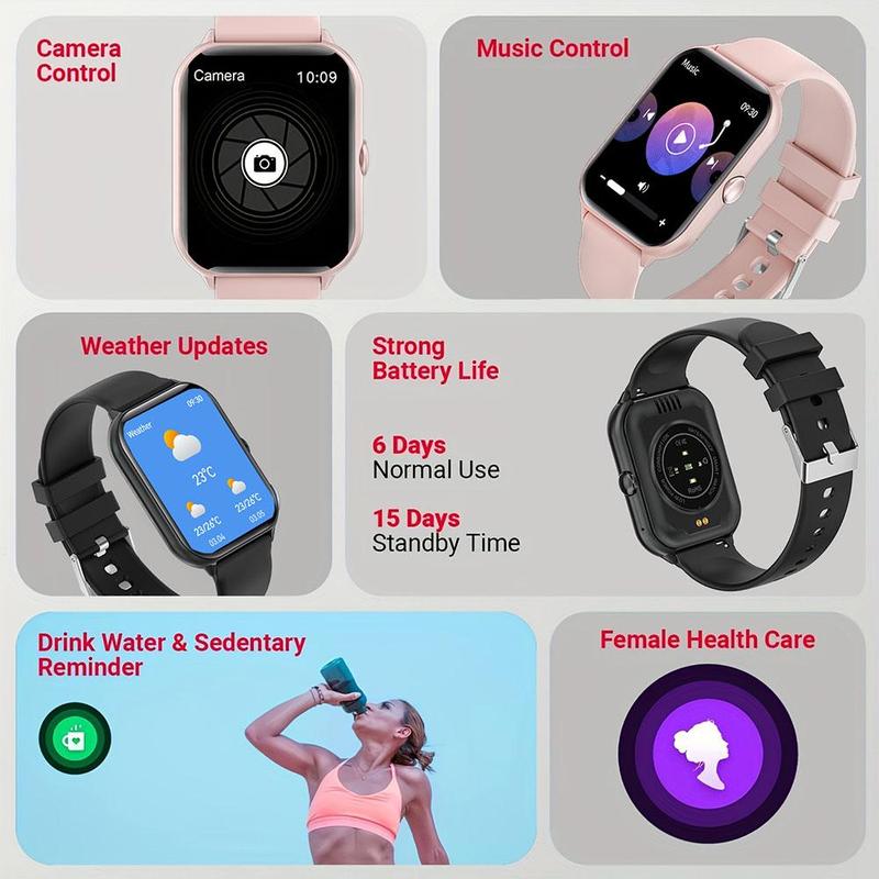 Multifunction Smart Watch, Waterproof Touch Screen Digital Watch with Health Monitoring, Square Fashion Watch with LED Flashlight Compatible with Android & IOS & Smartphone for Daily Life