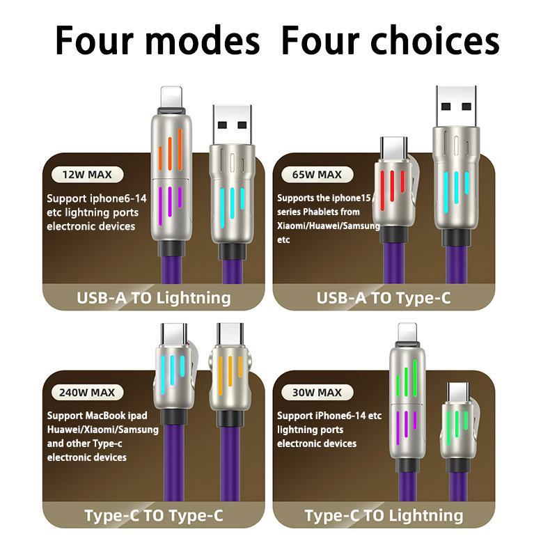 240W 4 in 1 USB Type C Silicone Data Cable, Type-C to USB A Super Fast Charging Cable for Lightning, Data Cable for iPhone Huawei Samsung Xiaomi