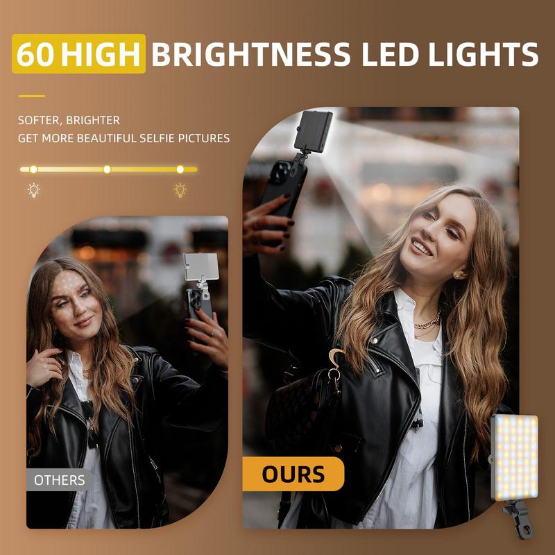 Portable Selfie Light, 60 LED Phone Light with Rechargeable Clip & Adjustable 3 Light Modes, Video Light with Button Switch, Suitable for Phone, iPad, Laptop, Makeup, Selfie, Vlog, Conference