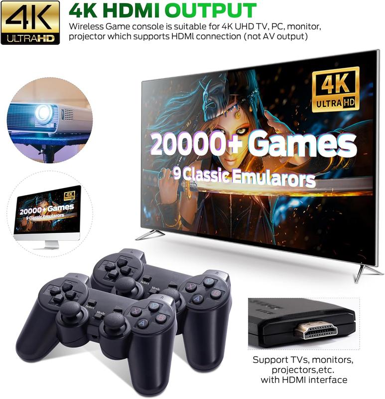 4K Wireless Retro Game Console,Retro Play Game Stick,Nostalgia Stick Game 4K HDMI Output,Plug and Play Video Game Stick Built in 20000 Games + (64G) sd Card (20,000 Retro Games)