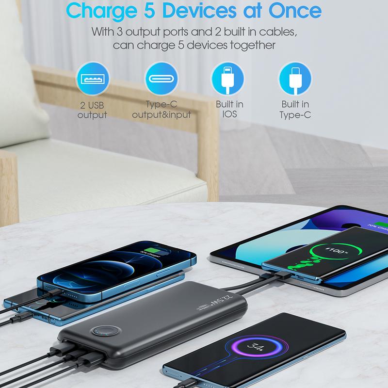 Portable Charger with Built-in Cables,Portable Charger with Cords Wires Slim 12000mAh Travel Battery Pack 5 Outputs 1 Inputs 22.5W Fast Charging Power Bank with dual cables for Samsung Google Pixel LG Moto iPhone iPad  for All Mobile Devices Rechargeable