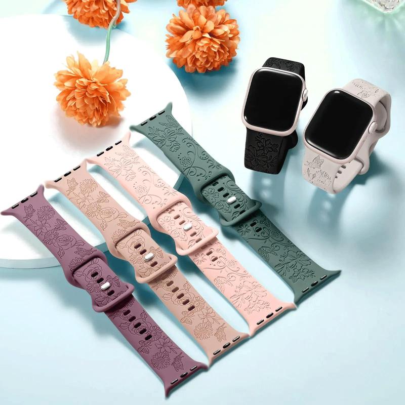 Floral Pattern Watch Band (Band Only), 6 Counts Soft Silicone Sport Wristband, Replacement Watch Band Compatible with Apple Watch Series 9 8 7 6 5 4 3 2 1 SE Ultra