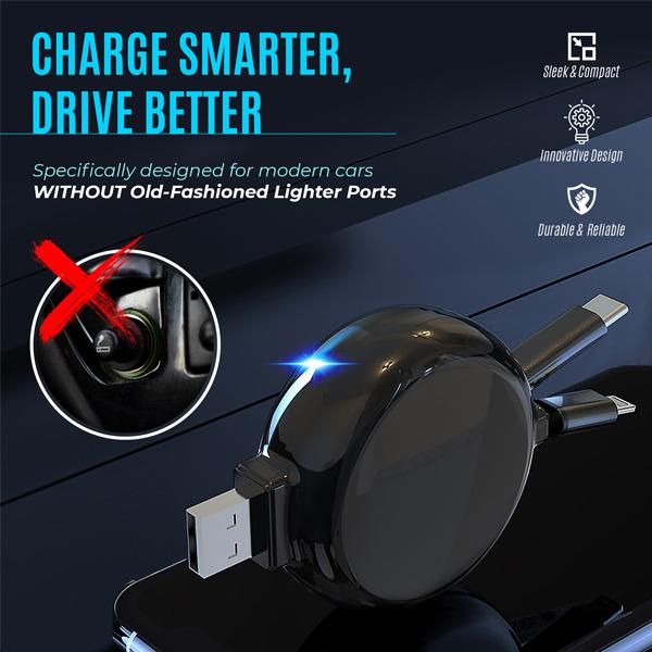 2-in-1 Retractable Car Charger for iPhone and Android | Modern Car Charger Retractable Cord | Retractable iPhone Charger Cord 15W Fast Charging | Retractable Charger for Car, Wall Outlet or PC