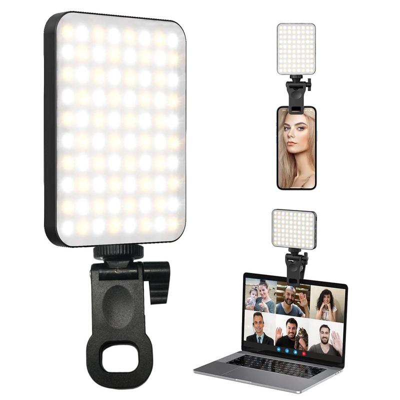 Portable Selfie Light, 60 LED Phone Light with Rechargeable Clip & Adjustable 3 Light Modes, Video Light with Button Switch, Suitable for Phone, iPad, Laptop, Makeup, Selfie, Vlog, Conference