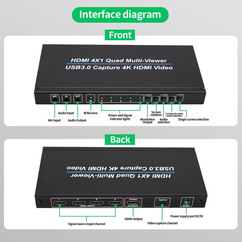 4K HDMI Quad Multi-Viewer & Video Capture Card, 4 Port USB 3.0, Live Streaming & Recording Grabber, No Battery, Seamless Switch, Plug and Play for PC, Game Console, Camera Accessories HDMI to