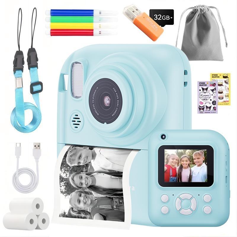 Polaroid Camera, 32G Card Selfie Video Camera for Kids, Portable Travel Camera, Instant Print camera, Birthday gift, Durable Charging, For All Ages toy camera Memory Gadget Chargeable