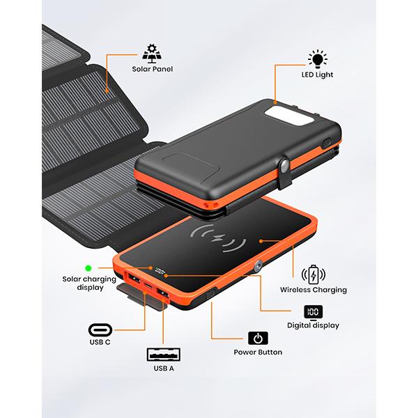 Solar Power Bank Wireless Charger 10000mAh Built In 3 Solar Panels Three Outputs 15W Fast Charging Solar Charger For iPhone 15 15 Plus 15 Pro 15 Pro Max, iPhone 14 13 Series, Samsung Galaxy, Halloween Gifts