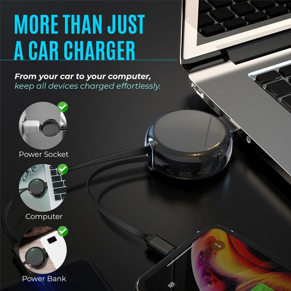 2-in-1 Retractable Car Charger for iPhone and Android | Modern Car Charger Retractable Cord | Retractable iPhone Charger Cord 15W Fast Charging | Retractable Charger for Car, Wall Outlet or PC