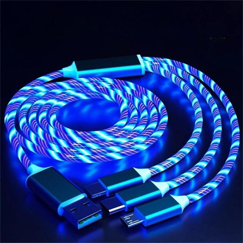 3-In-1 Charging Cable, Glowing LED Light Charging Cable, Durable Data Cable, Phone Accessories for iPhone Android Type C Mobile Phone