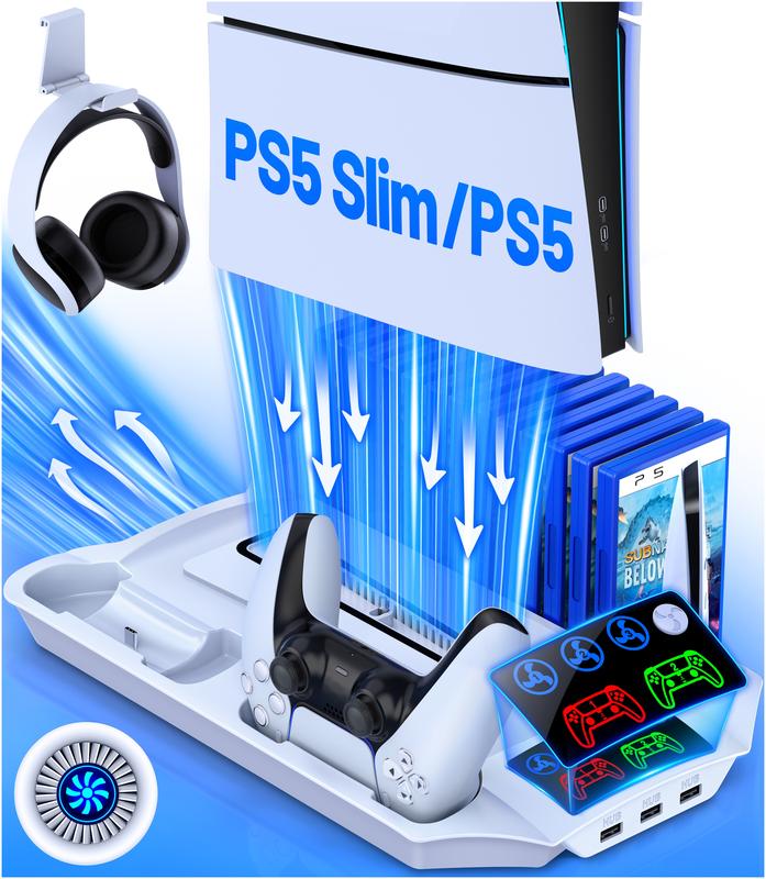 PS5 Slim Stand with Cooling Station and Controller Charging Station for PS5 Slim PS5 Pro Console PS5 Disc&Digital, for PS5 Accessories-Cooling Fan, Headset Holder, 13 Game Slot for Playsation 5