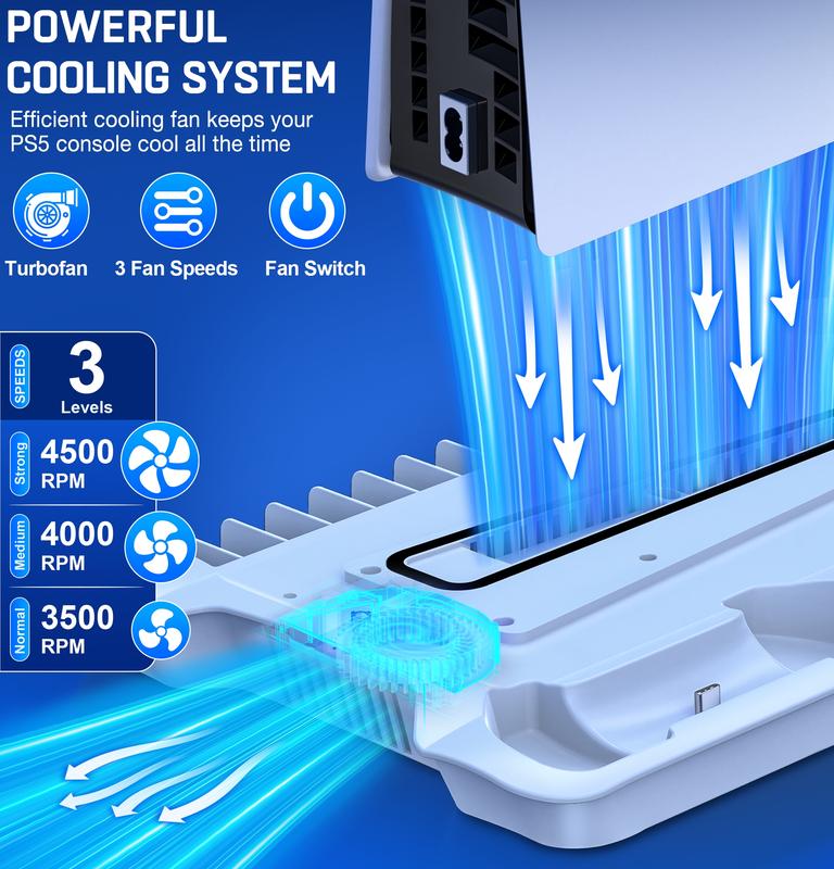 PS5 Slim Stand with Cooling Station and Controller Charging Station for PS5 Slim PS5 Pro Console PS5 Disc&Digital, for PS5 Accessories-Cooling Fan, Headset Holder, 13 Game Slot for Playsation 5