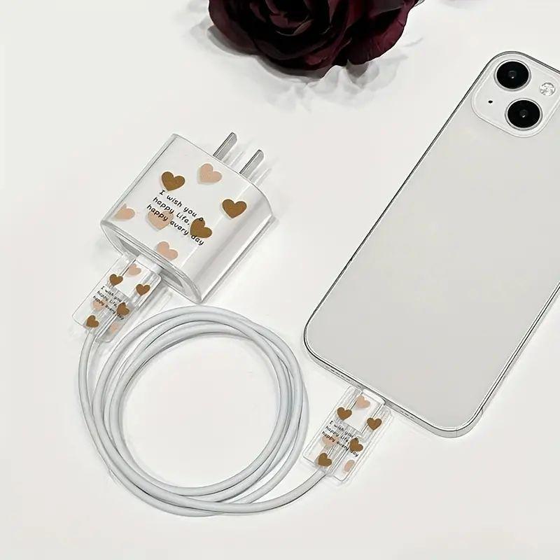 Heart Pattern Charger & Data Cable Protector Set, Soft Shell Full Edge Mobile Phone Case, Soft Silicone Protective Cover Compatible with iPhone 18W 20W Charger