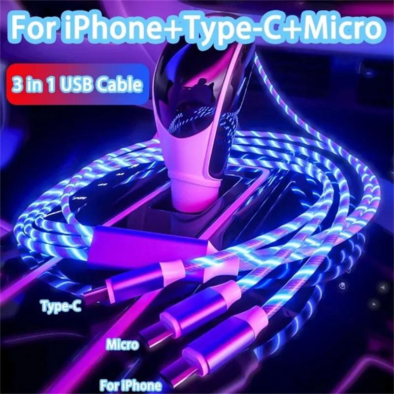 3-In-1 Charging Cable, Glowing LED Light Charging Cable, Durable Data Cable, Phone Accessories for iPhone Android Type C Mobile Phone