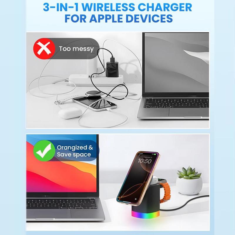 3 in 1 Wireless Charger, Foldable Charging Stand with Night Light, Magnetic Charging Station Compatible with iPhone 16 15 14 13 12, AirPods & Apple Watch