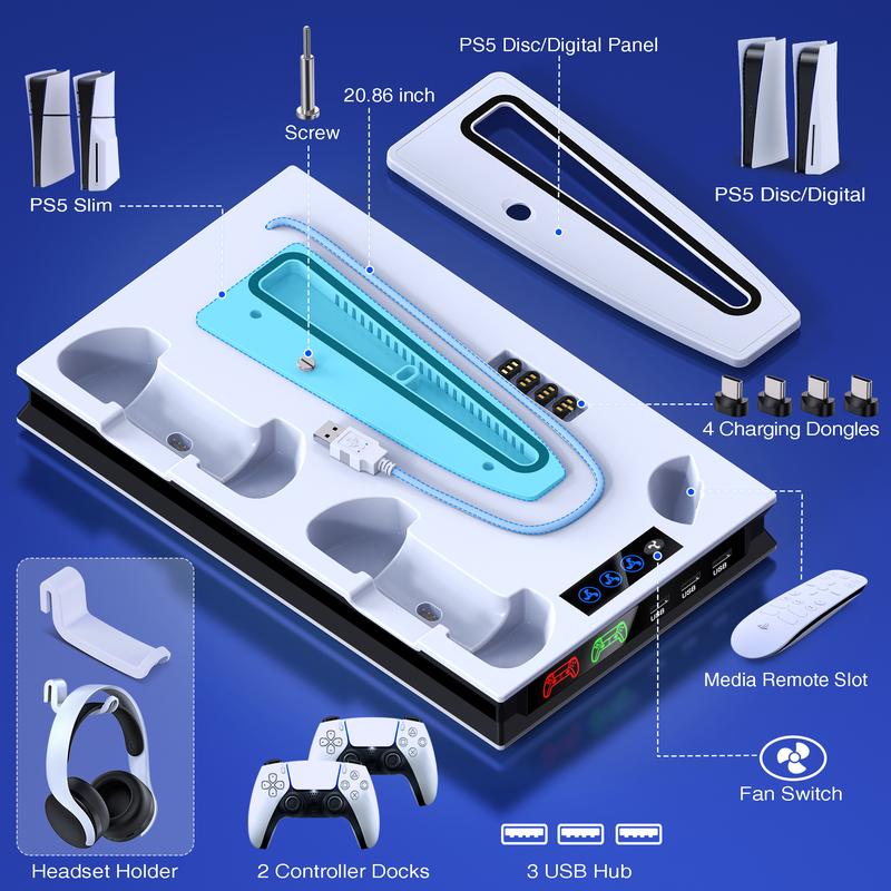 PS5 Stand and Cooling Station with Controller Charging Station for PS5 Pro PS5 Slim PS5, PS5 Accessories 3 Levels Cooling Fan, 3 USB Hub, Headset Holder, Media Slot for PS5 Disc Digital Console