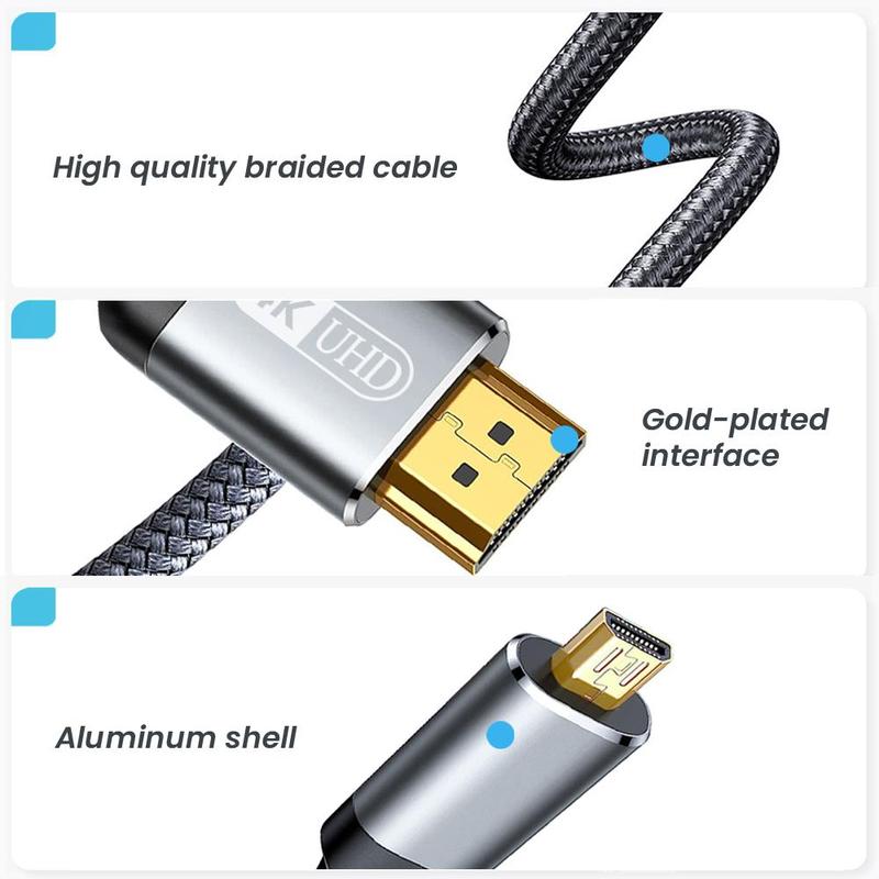 Micro HDMI to HDMI Cable, Male to Male Braided Cord Adapter, Compatible with Camera Monitor, Audio & Video Accessories