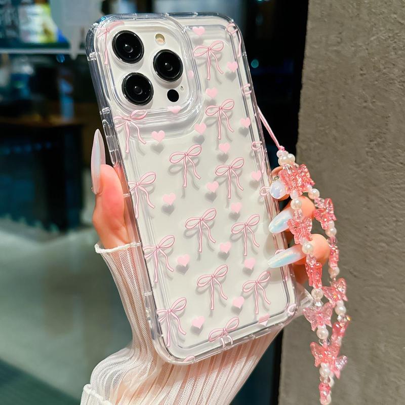 Bowknot Pattern Phone Case with Beaded Lanyard, Cute Phone Protective Cover for Samsung Galaxy, Phone Accessories for iPhone 11 12 13 14 15 16 Pro Max