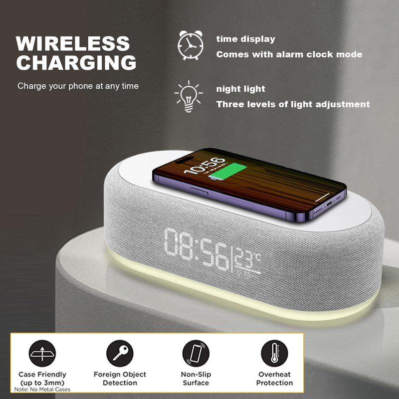 FDGAO 15W Wireless Charger with Alarm Clock, 1 Count Multifunctional Wireless Charger with LED Night Light, Desktop Fast Charging Station for iPhone Samsung