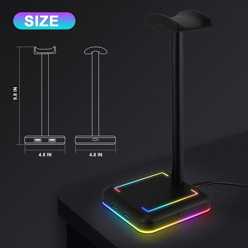 Headphone Stand, RGB Gaming Headset Holder with 2 USB Charger Ports & 10 Lighting Modes for Desktop PC Game Earphone Accessories