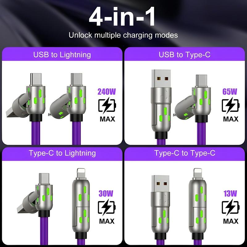 4-in-1 USB Charging Cable, Fast Charging MAX 240W USB A + TYPE C + Lightning Suitable for iPhone 16 15 Samsung Galaxy, Android