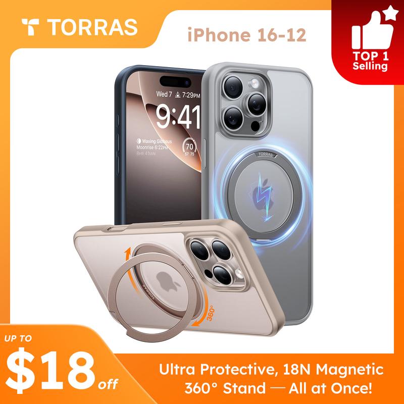 TORRAS Ostand Mag Case, cover for iPhone 16 Pro Max  15 Pro   14   13 Series, Fit for MagSafe with Stand & Ring Holder, 8 ft Military Grade Shockproof Accessories Handheld