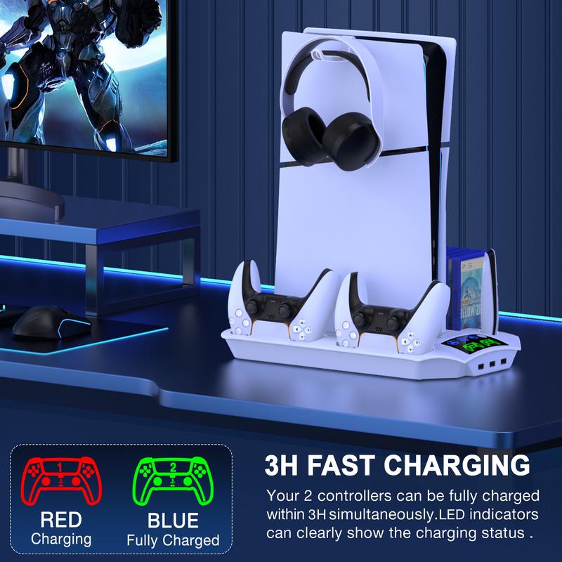 PS5 Stand for PS5 Pro PS5 Slim PS5, PS5 Cooling station and Controller Charging Station for Playstation 5 Accessories with 3 Levels Cooling Fan, 3 USB Hub, Headset Holder, 13 Game Slots, Media Slot