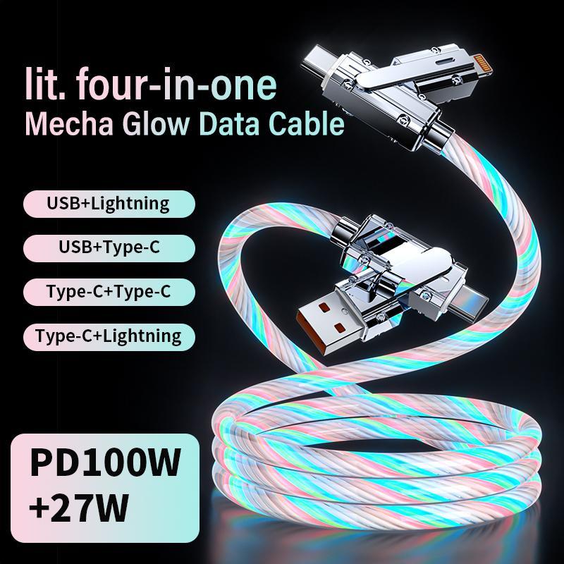 6.6FT 100W 4in1 Multi USB RGB LED Charging Cable with USB A,Type C, m fish Fast Charging Data for iPhone 16 15 14 13,iPad Pro,Samsung,letop，huawei,Android