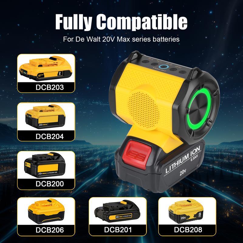 JYJZPB Cordless Portable Speaker Compatible for DeWalt 20V Battery Wireless Speaker, Portable Wireless Speaker fit for DeWalt 20V-60V Battery for Outdoor Job and Festival Party