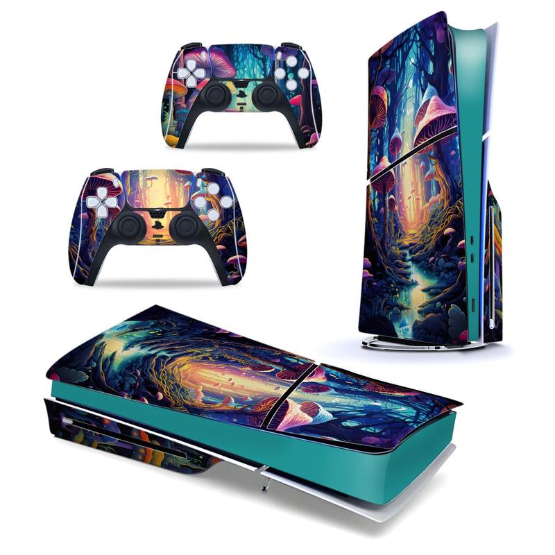 Mushroom Forest Pattern Game Console Sticker, 1 Set Self-adhesive Game Console Protector, Game Console Decorative Sticker for PS5 Slim