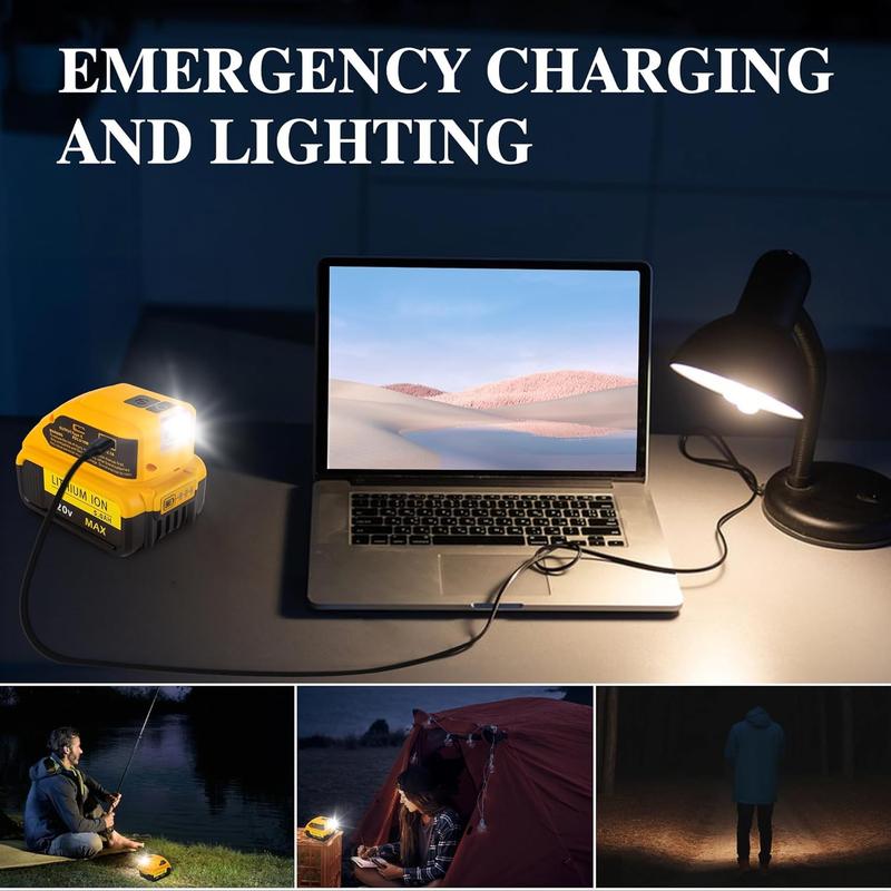 It converts Dewalt 14.4V、18V、20V battery power to USB and Type-C outputs for charging devices like phones and cameras, and includes a 200-lumen LED with (Just the product, no battery)