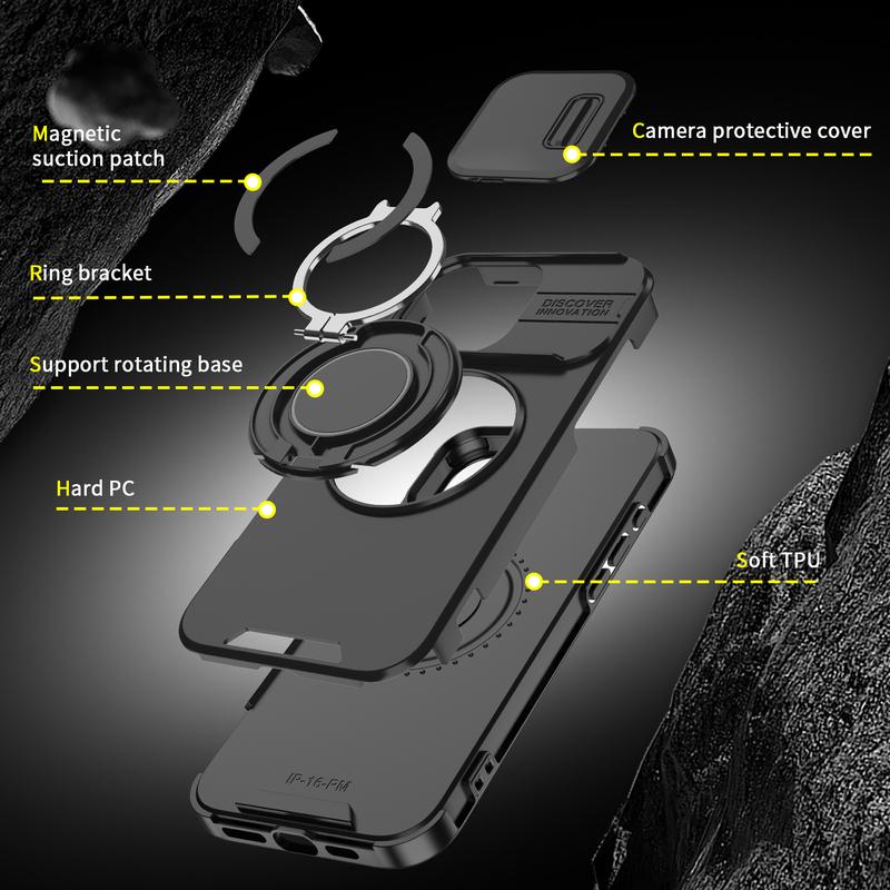 For iPhone 16 15 14 13 12 Pro Max with Slide Camera Case, 360 Rotated Ring Kickstand Holder Military Grade Shockproof Protective Cover