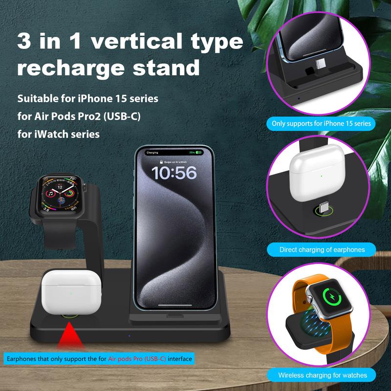 USB Fast Charging Station for Apple Devices - 3 in 1 Wireless Charger Stand for iPhone 16 15 Pro Max 16 15 Plus 16 15 Pro Apple Watch Airpods