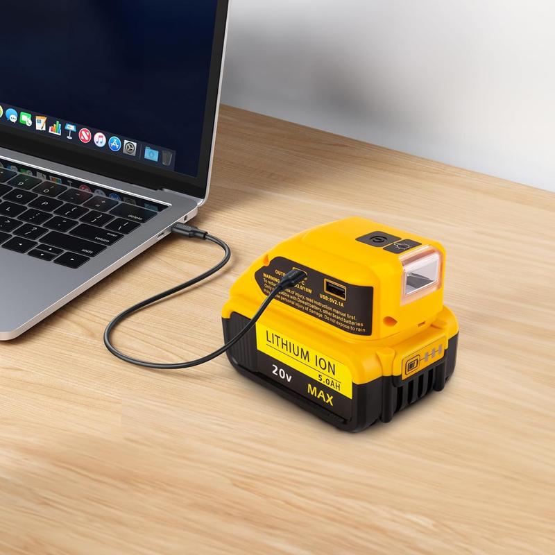 It converts Dewalt 14.4V、18V、20V battery power to USB and Type-C outputs for charging devices like phones and cameras, and includes a 200-lumen LED with (Just the product, no battery)