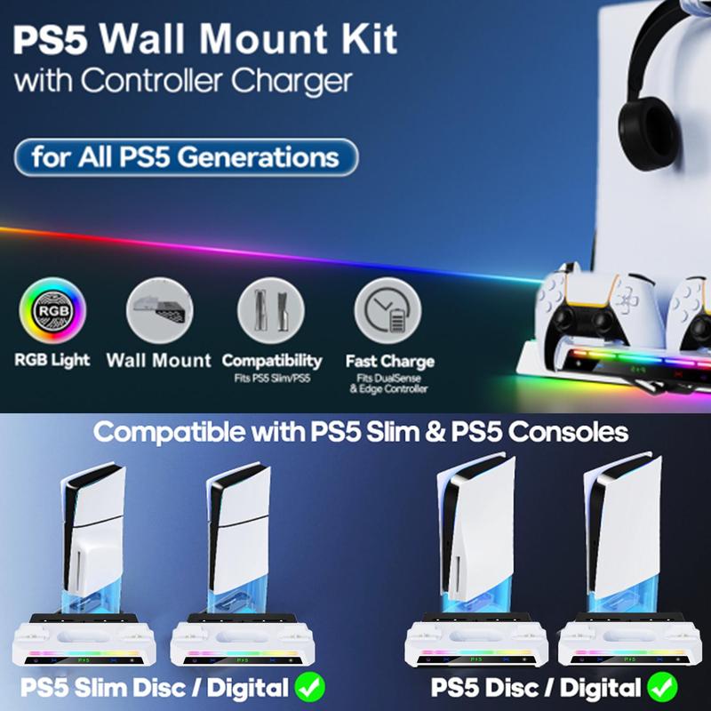 Wall Mount Kit for PS5 Slim with Charging Station, Dual Controller Chargers 9-Mode RGB Light Stand, Headphone Controller Storage