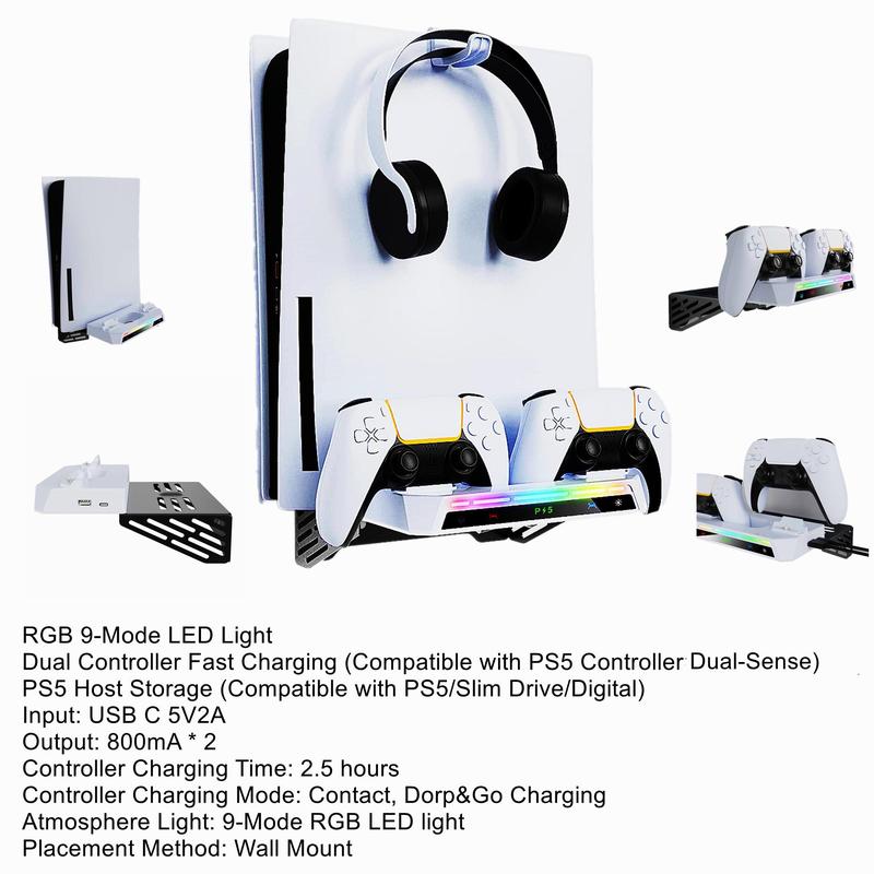 Wall Mount Kit for PS5 Slim with Charging Station, Dual Controller Chargers 9-Mode RGB Light Stand, Headphone Controller Storage