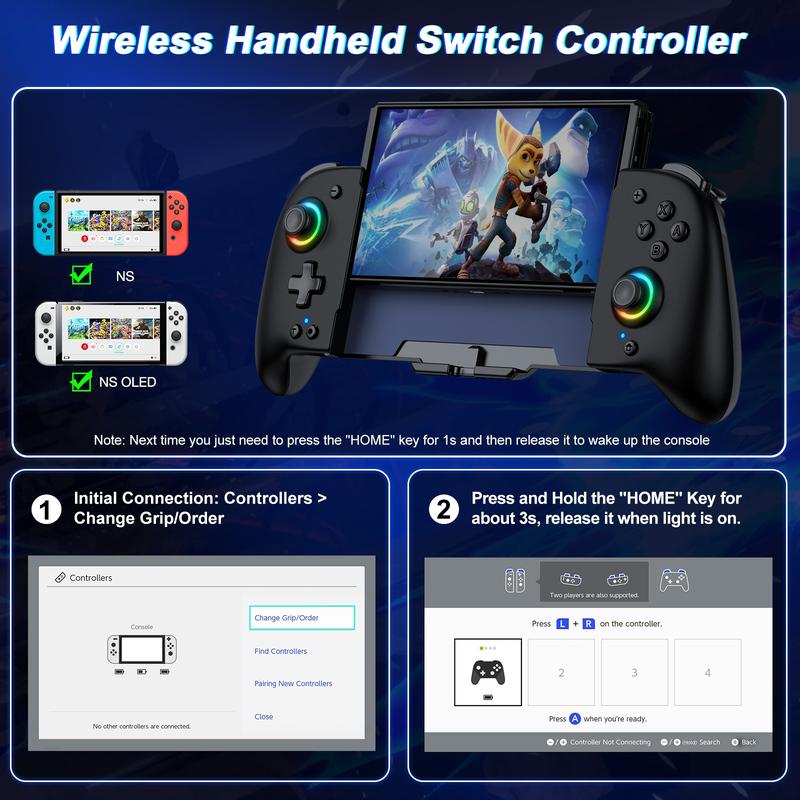 Wireless Pro Controller for Switch OLED, Joypad with Full-Size Ergonomic Handheld Mode Controller Battery RGB Turbo Programming