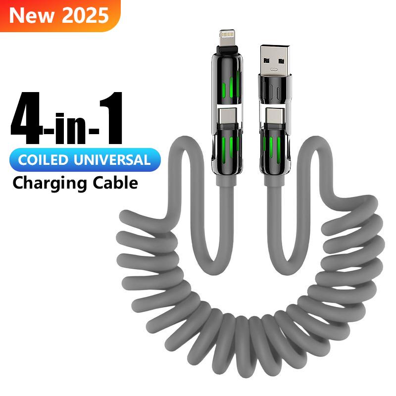 4-in-1 Coiled Universal USB Charger Cable ️-240W Fast Charging & Data Sync for iPhone 16 15, iPad Pro, Samsung & Laptops Smartphone Cellphone alarm clock Electronic Electronic