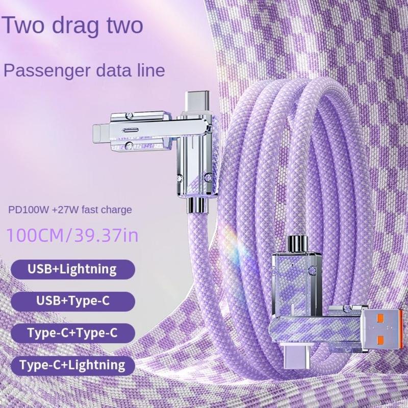 4 in 1 Multi-function Data Cable, PD 27W + 100W Fast Charging Type-C USB Data Cable, Phone Accessories for iPhone & Android