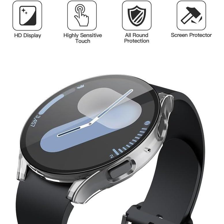 2-Hard Screen Protector Case for Galaxy Watch 7 44mm, Anti-Slip Ultra-Thin Scratch Resistant Cover with Tempered Glass for Galaxy Watch7, Transparent