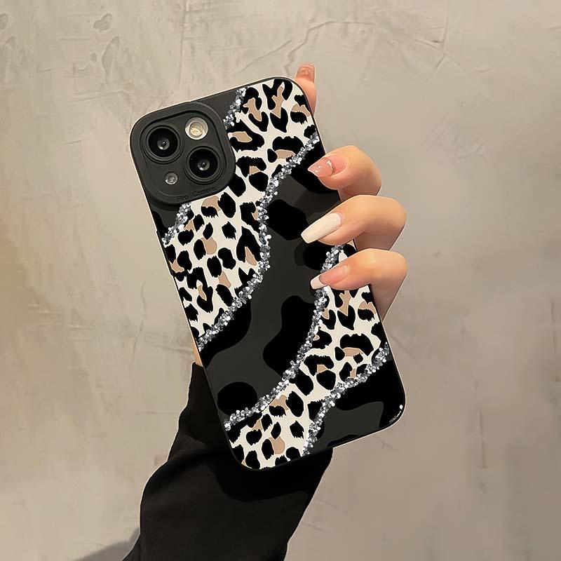 Fashion Leopard-print Pattern Phone Case, Rhinestone Decor Phone Protective Cover, Phone Accessory Compatible with iPhone 16 15 14 13 12 11 Plus Pro Pro Max