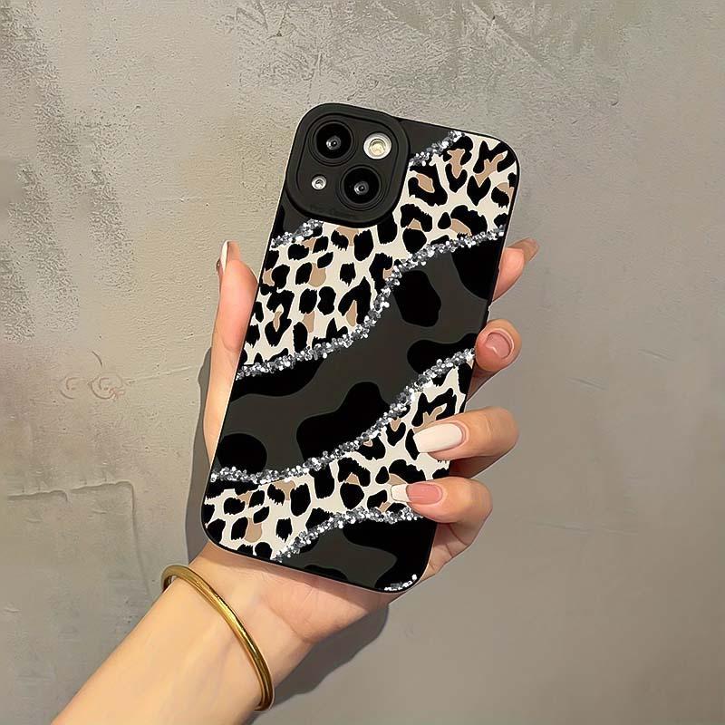 Fashion Leopard-print Pattern Phone Case, Rhinestone Decor Phone Protective Cover, Phone Accessory Compatible with iPhone 16 15 14 13 12 11 Plus Pro Pro Max