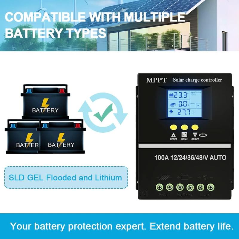 100A MPPT Solar Charge Controller 12V 24V 36V 48V LCD Display Battery Intelligent Regulator Max 100V Input Dual USB for Lead-Acid Lithium