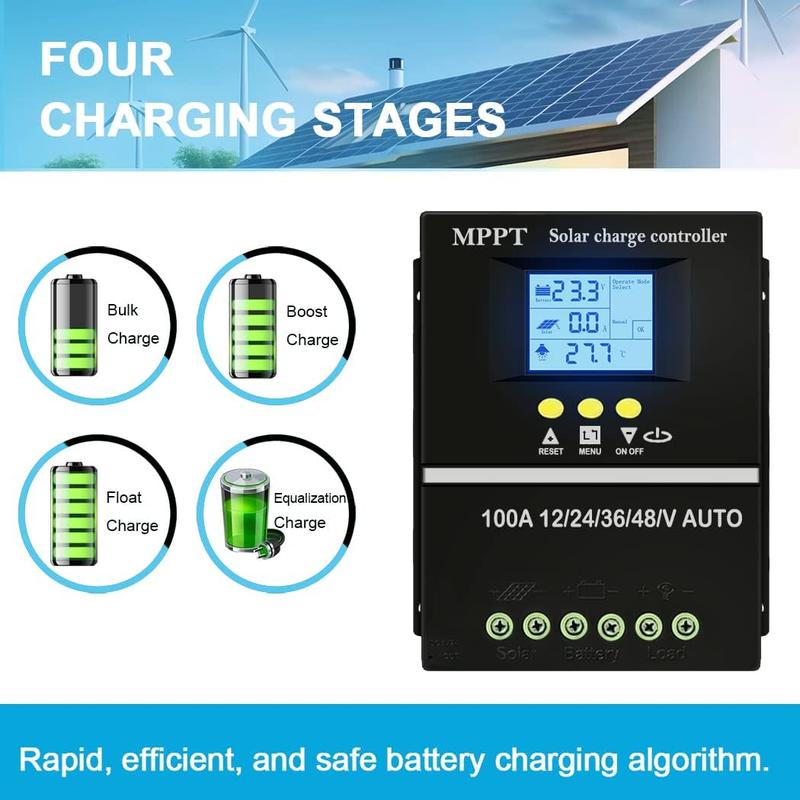 100A MPPT Solar Charge Controller 12V 24V 36V 48V LCD Display Battery Intelligent Regulator Max 100V Input Dual USB for Lead-Acid Lithium