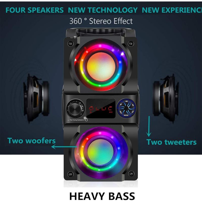 Speaker, 40W (60W ) Portable  Speaker with Colorful Lights, Double Subwoofer Heavy Bass, FM Radio, MP3 Player, Loud Stereo Speaker for Home Outdoor Party Camping