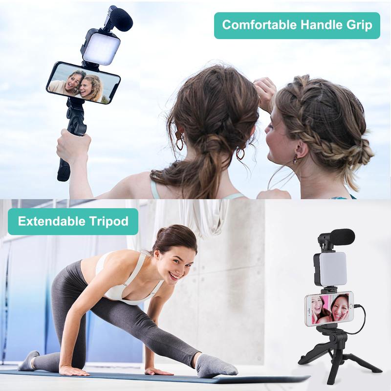 Smartphone Camera Video Kit,Vlogging Kit For Iphone Compatiblestarter Kit For Contentcreators,Accessories:Phonetripod,Phone Mount,Led Light Andshotgun Microphone Bluetooth Mobilesmartphone Selfie