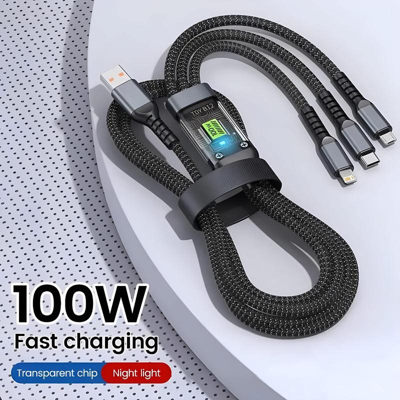 3-in-1 100W Phone Charging Cable, USB to Type-C Fast Charger Cable, Mobile Phone Charger Cable for iPhone 15 14 Samsung Xiaomi Huawei