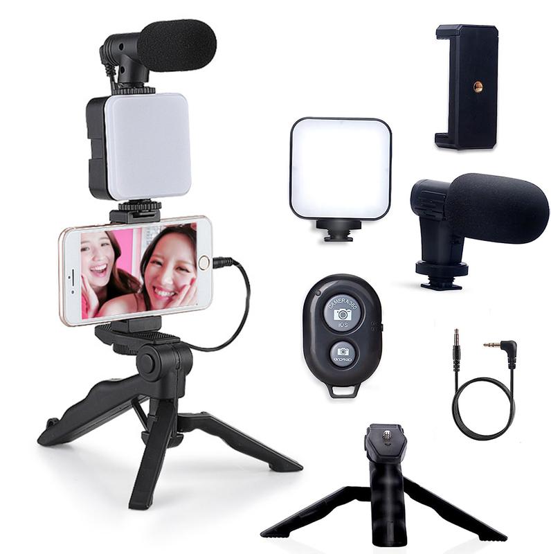 Smartphone Camera Video Kit,Vlogging Kit For Iphone Compatiblestarter Kit For Contentcreators,Accessories:Phonetripod,Phone Mount,Led Light Andshotgun Microphone Bluetooth Mobilesmartphone Selfie