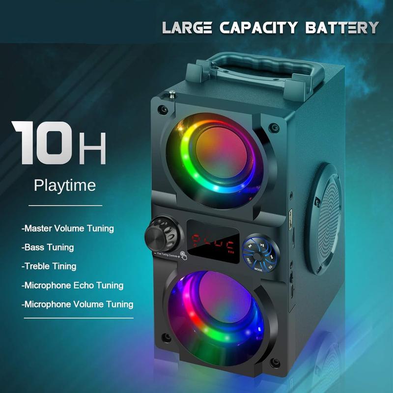 Speaker, 40W (60W ) Portable  Speaker with Colorful Lights, Double Subwoofer Heavy Bass, FM Radio, MP3 Player, Loud Stereo Speaker for Home Outdoor Party Camping