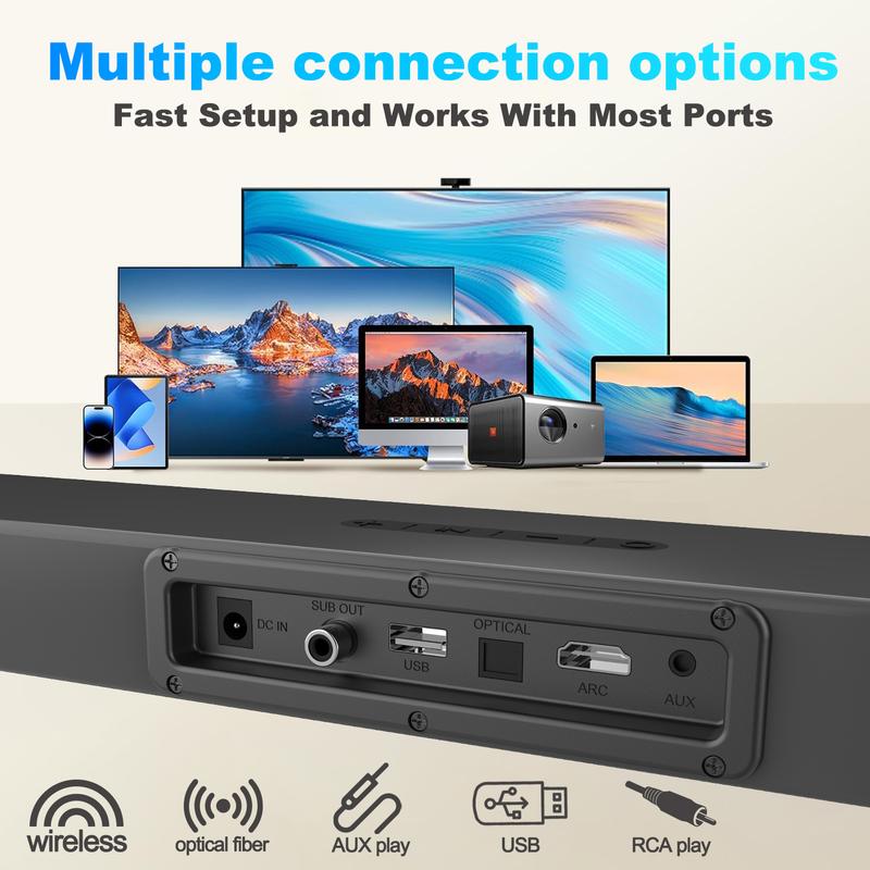 160Watts Audio Soundbar for 4K  HD Smart TVs, Sound Bars for TV with Powerfull Subwoofer, Surround Sound System, Deep Adjustable Bass, HiFi Wireless 2.1 Home Audio, TVHD ARC Opt AUX outdoor home tv  speakers